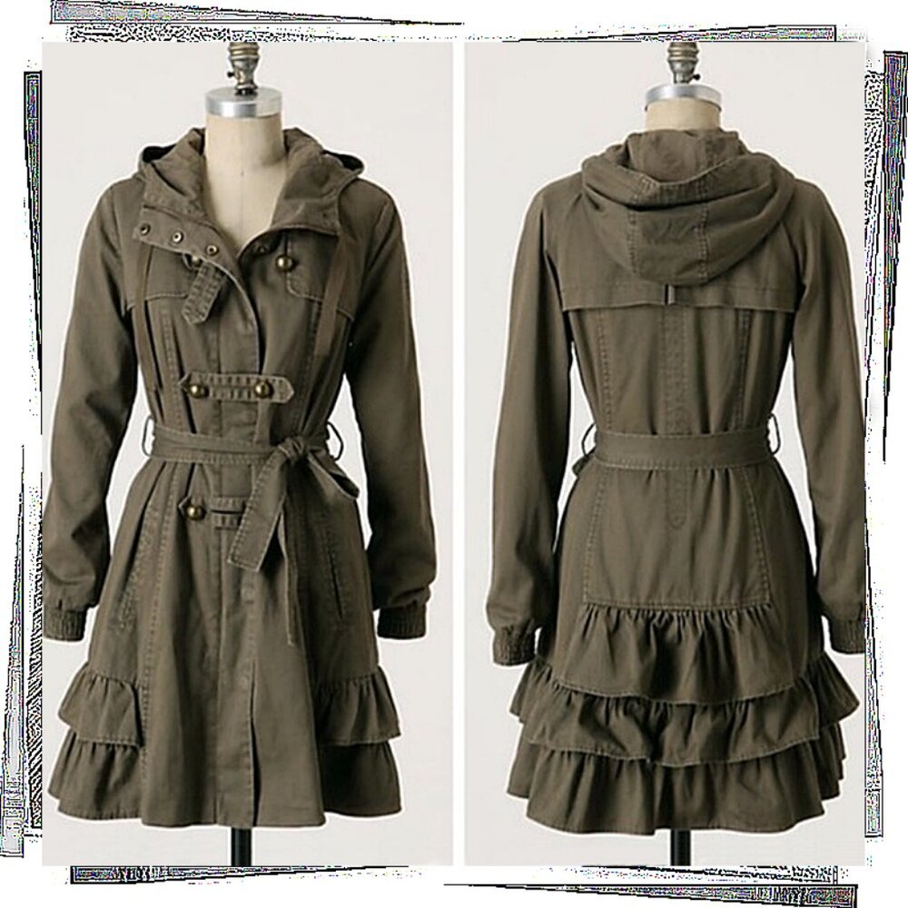 Olive Green Hooded Double Breasted “Frill Force” Ruffled Military Jacket (4)